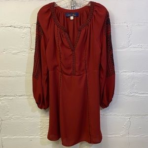 Blue Rain  Bohemian Dress with Long Sleeves Merlot Color with Blue Embroidery